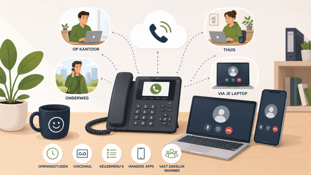 Rustige illustratie van een modern VoIP toestel met headset op een nette werkplek zonder logo's of tekst